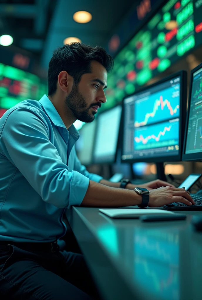 Image of a trader trading Live in stock market
With blue and green background light and
Bombay stock exchange in background