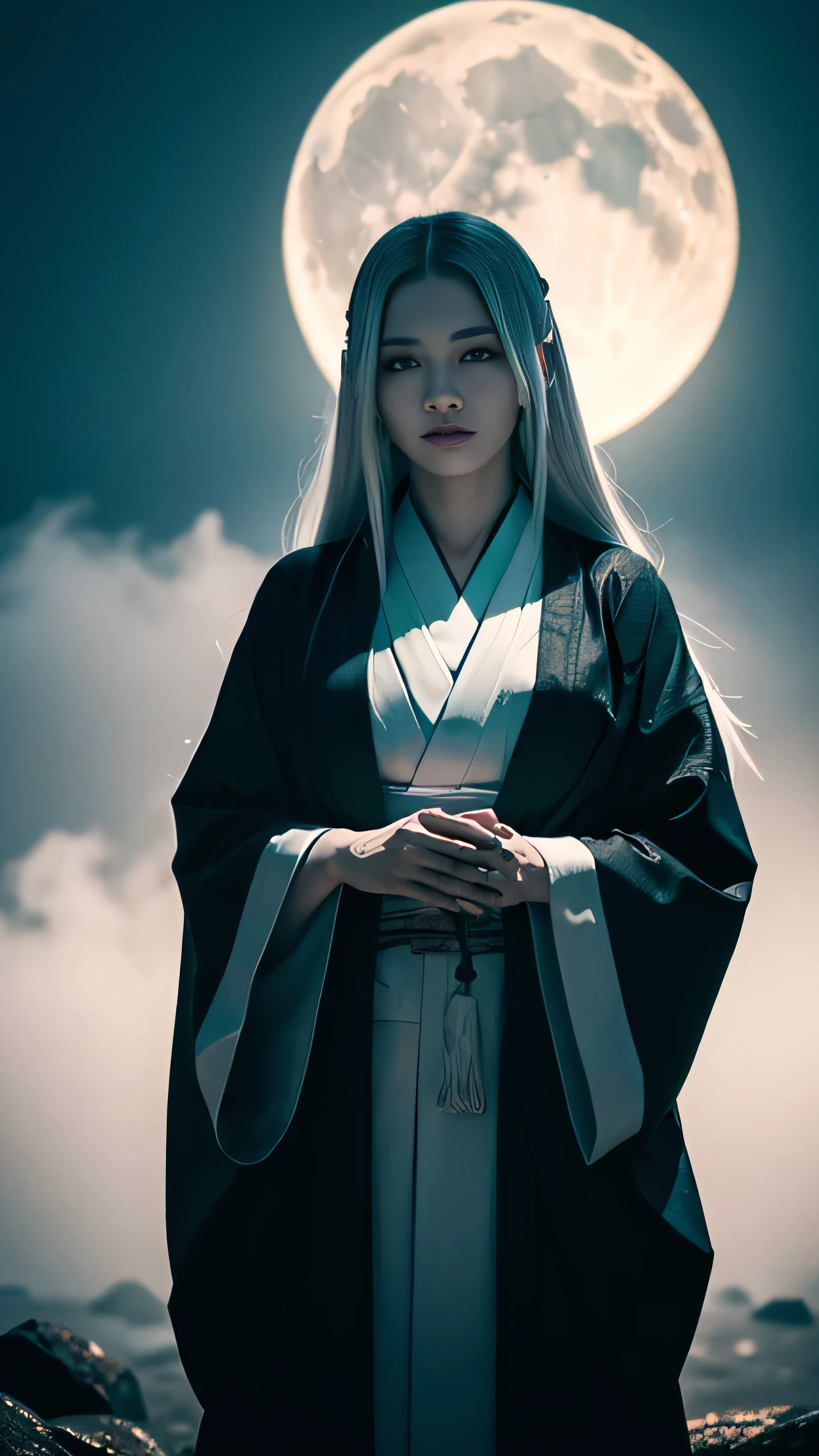 **Prompt:** Create an ultra-realistic 8K image of Tsukuyomi, the Japanese moon god, reimagined as a female figure embodying ultimate horror while retaining the deity's iconic features. This female Tsukuyomi has a ghostly, pale complexion that glows faintly under the light of a blood-red moon. Her long, silver hair flows like liquid darkness, merging with the shadows around her. Her eyes are cold, empty orbs of glowing white, emanating an unsettling, piercing gaze.
She is clad in a tattered, ancient kimono that was once regal but is now frayed and darkened with age. The edges of the garment seem to dissolve into shadows, as if her presence consumes all light. Her expression is one of eerie calm, with a slight, sinister smile that hints at the terror she commands.
The setting is a desolate, moonlit landscape, with twisted, barren trees and swirling clouds that obscure the sky. An unnatural fog clings to the ground, and the air is filled with an oppressive chill. Faint, ghostly figures loom in the distance, drawn toward Tsukuyomi's terrifying aura.
This image captures the essence of Tsukuyomi as the ultimate horror figure, blending the divine and the terrifying in a female form that exudes both beauty and dread.