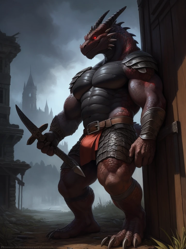 abandoned castle, decrepit，Broken，Armageddon，Dilapidated building，Buildings overgrown with plants, side view, fog, against wall, , (ultra detailed), a beautiful and detailed full size portrait of a male anthro black scalie, dragon monster demon, black body, (black skin, red body), vines, (scales, detailed scales, muscle anthro, buff, big pecs, gladiator armor), loincloth, big crotch, armor leg wear, armor gloves, guarding position, guarding entrance, glowing eyes, red eyes (glowing), non-mammal breasking at viewer, bedroom_eyes, detailed eyes, big body, sexy body, gess, big crotch, crotch apron, balls outline,  kenket, Ross Tran,ruan jia, trending on artstation,foxovh, cenematic lighting, big breaths, big boobs, vagina, pussyle, detbackgrouight, third person view, close up view, empty eyes, foreskin, tan body, tan scales, emptwet, night, big body, fellatio, dragon feets, full body, arms croso, against wall, holding sword & shield,
