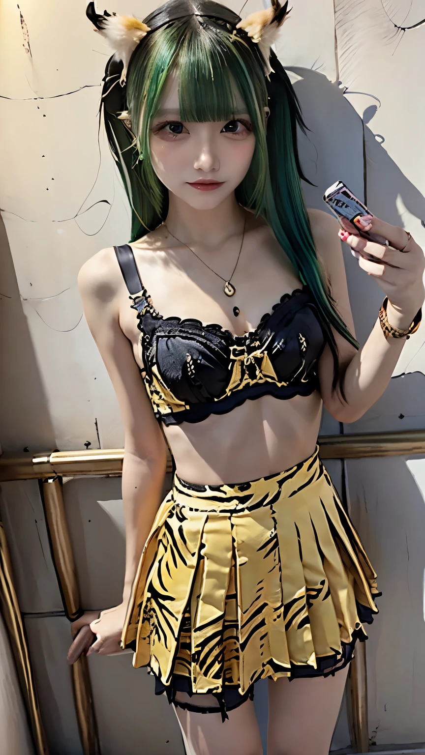 (((Highest quality))),(((Super detailed))),(((masterpiece))),figure,((1 beautiful girl,alone)),(Blue and green hair,Shoulder-length messy hair:1.2),((slim,glamorous)),(Thin legs:1.2),Fair skin,((Yellow and black tiger print bra,Yellow and black tiger print mini skirt)),Short demon horns,Fascinating,Sunlight Filter,Playful,Adventurous,striking appearance,Exotic Settings,Daylight Saving Time,hot,humidity,Vibrant colors,infinite possibilities,Exquisite detail,,Feminine charm,((from the front,Upper Body))