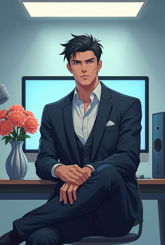 A Anime man character sit on chair in studios set up like tube Sensei image size 16:9 hang on silver play button back side computer and natural flower in jug change background and table computer flower in front side background side silver play button madel jo character hai use table ke back side rkho aur straight ho o