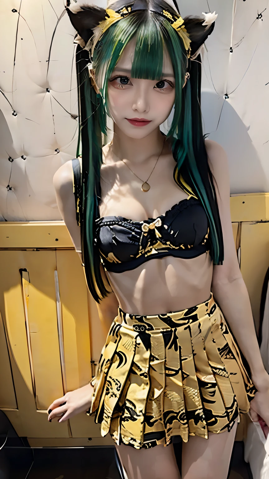 (((Highest quality))),(((Super detailed))),(((masterpiece))),figure,((1 beautiful girl,alone)),(Blue and green hair,Shoulder-length messy hair:1.2),((slim,glamorous)),(Thin legs:1.2),Fair skin,((Yellow and black tiger print bra,Yellow and black tiger print mini skirt)),Short demon horns,Fascinating,Sunlight Filter,Playful,Adventurous,striking appearance,Exotic Settings,Daylight Saving Time,hot,humidity,Vibrant colors,infinite possibilities,Exquisite detail,,Feminine charm,((from the front,Upper Body))