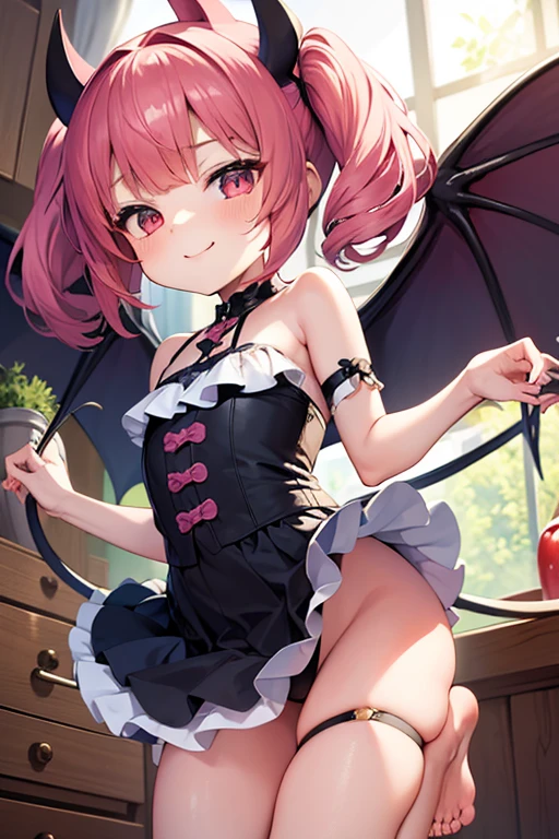 (masterpiece,best quality,ultra-detailed), an anime girl who is a playful and sweet succubus. She has candy pink m-shaped bangs short hair with twin ponytails, ruby round eyes, fruit bat ears and wings, wearing a gothic leotard with ruffle skirt, ankle straps on her barefoot, bending over to the right playfully, hands in a playfully pose, face in a playful expression, smirk playfully, looking at viewer