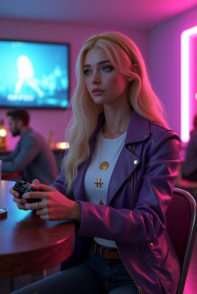 (photorealism:1.2), Generate an image of a young woman with long, wavy blonde hair, wearing a delicate golden headband that hints at her royal heritage. She is dressed in a modern and stylish outfit: a fitted purple leather jacket over a white t-shirt with subtle gold symbols, paired with dark jeans and tall, elegant boots. Her deep blue eyes show calm and determination, with light makeup enhancing her natural beauty. She is sitting in a modern, stylish bar with minimalist decor, neon lights, and designer furniture. A large flat screen on the wall shows the video game she is playing, and she holds a controller in her hands, focused and smiling slightly. On the table in front of her is a chic drink, perhaps a cocktail or a latte in an elegant glass. The bar has a relaxed, vibrant atmosphere, with other patrons socializing in the background.