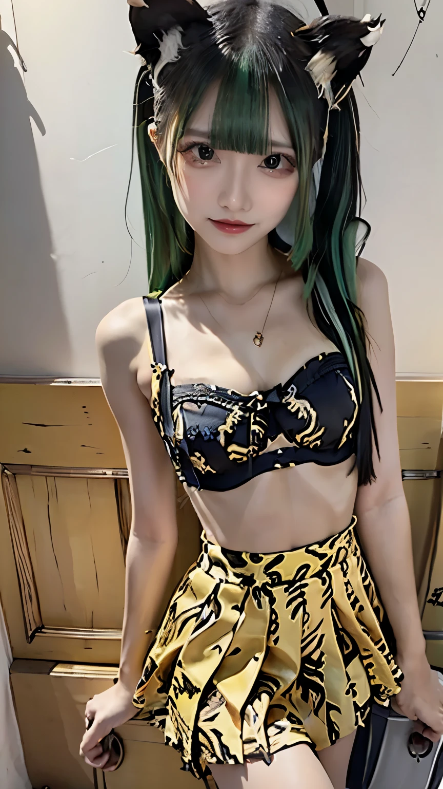 (((Highest quality))),(((Super detailed))),(((masterpiece))),figure,((1 beautiful girl,alone)),(Blue and green hair,Shoulder-length messy hair:1.2),((slim,glamorous)),(Thin legs:1.2),Fair skin,((Yellow and black tiger print bra,Yellow and black tiger print mini skirt)),Short demon horns,Fascinating,Sunlight Filter,Playful,Adventurous,striking appearance,Exotic Settings,Daylight Saving Time,hot,humidity,Vibrant colors,infinite possibilities,Exquisite detail,,Feminine charm,((from the front,Upper Body))