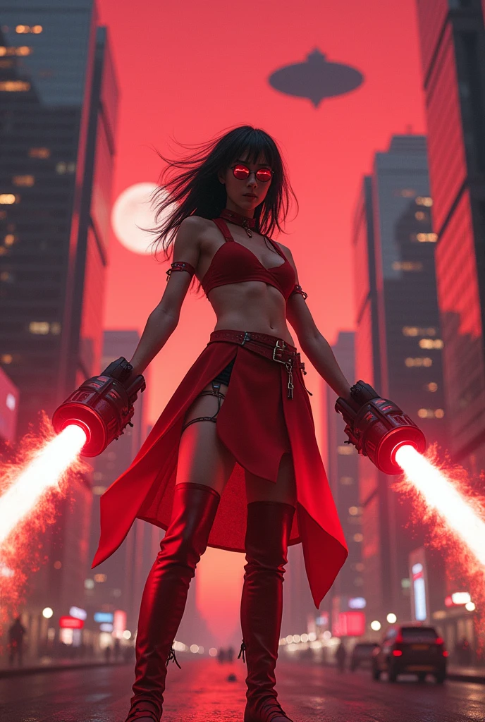 ((RAW photo), absurd, (absurdresolution)), masterpiece, best quality, (best shadow), beautiful detailed glow, ((sci-fi)), Beautiful girl, ta, smiling, 2, a girl, fit, marked abdomen, cawgerl, a red lens covering her eyes, ((holding in her hands two chubby synthetic plasma weapons, vaporizing from the barrel)), front view, close-up photo, ((standing in the middle of the road, between cyberpunk glass buildings)), (situation: she started a duel and WON). red sky, visible planets, visible milky way, visible UFO-type flying saucer ships., Photographic Perspective. «SunPuma S»