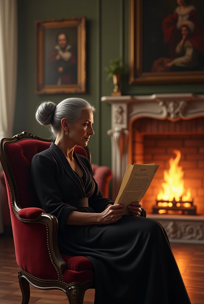 A luxurious and antique living room, with walls adorned with paintings and classic furniture. Dona Clarice, an elegant old lady with gray hair tied in a bun, is sitting in a velvet armchair. She holds an aged letter delicately, as an expression of nostalgia and reverence takes over his face. Ao fundo, a lit fireplace gently illuminates the room, highlighting the shadows of the furniture.