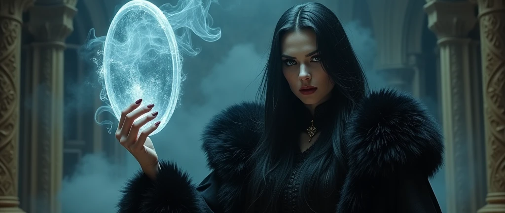 masterpiece, Best Quality, High Definition, delicate texture, real people，Realistic style，evil witch queen, corona，((手拿冒着Magic mirror，Magic Smoke))，fierce expression,Fantasy Art,long black fur,((Magic mirror)), ((gloomy palace)), black coat，movie lighting，looking to the camera