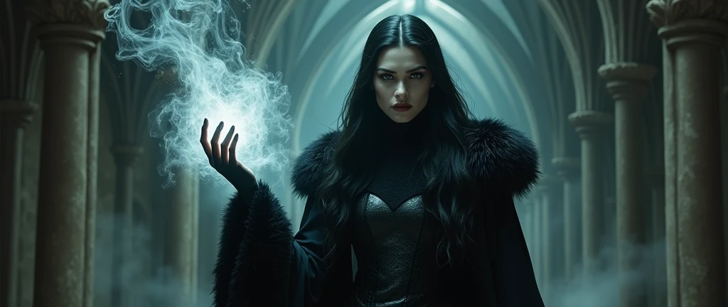 masterpiece, Best Quality, High Definition, delicate texture, real people，Realistic style，evil witch queen, corona，((手拿冒着Magic mirror，Magic Smoke))，fierce expression,Fantasy Art,long black fur,((Magic mirror)), ((gloomy palace)), black coat，movie lighting，looking to the camera