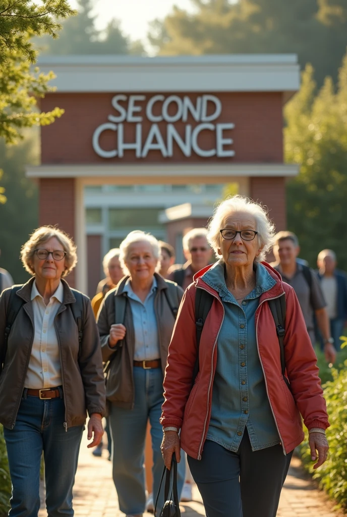 Elderly people going to school with a big sign at school saying second chance