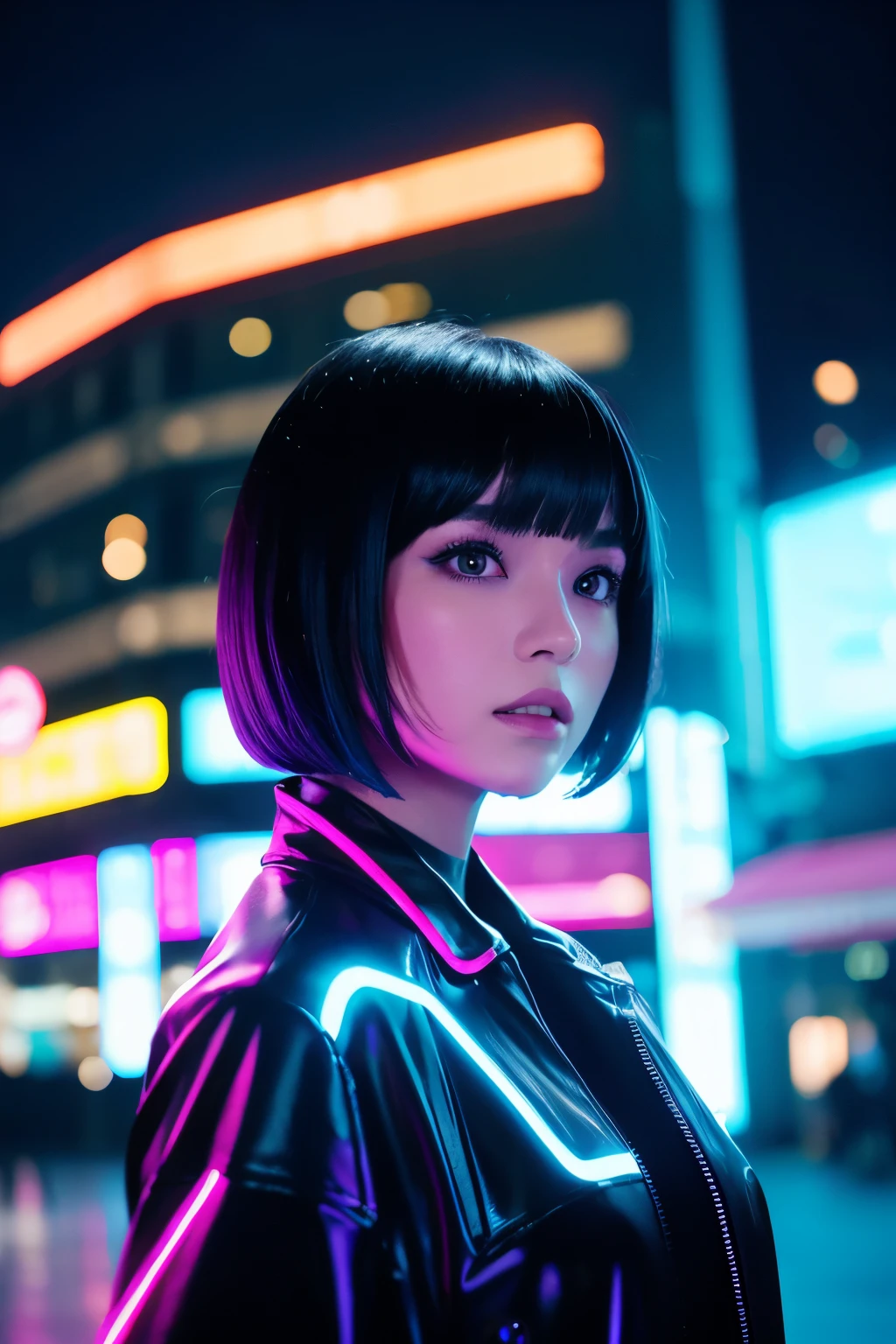 The background is a scene lit up with neon lights.、A woman with a black bob cut is standing。Her hair is shiny、Face is turned sideways、Staring at the camera。Blue and pink neon lights glow behind her、Vivid light bokeh is used effectively。The women&#39;s costumes are traditional Japanese clothing.、The neon light reflections create a modern atmosphere.。The overall atmosphere is fantastical and cyberpunk.。