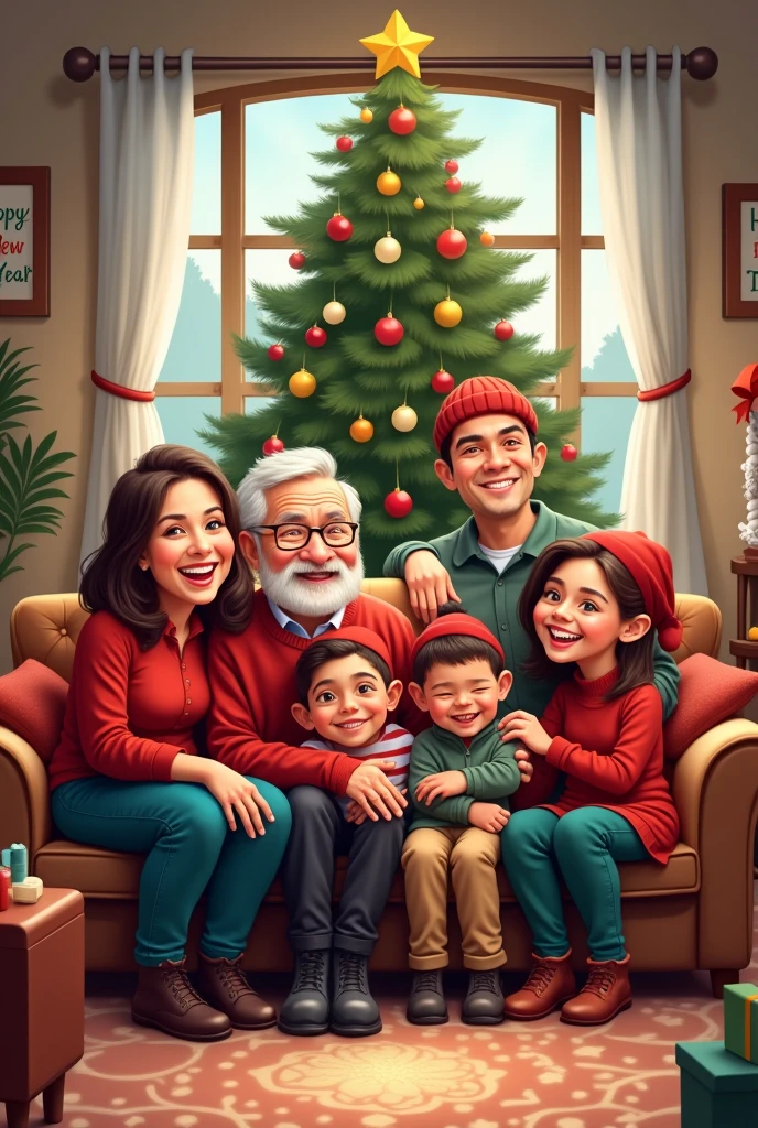 A group of happy people are sitting on a sofa with their eldest daughter, behind them their eldest son and his wife, and their young daughter and her husband, and in front of them their grandchildren, a boy and a girl, are playing, and everyone is dressed in Christmas clothes, and there is a Christmas tree with a sign that says Happy New Year  ,The picture is drawn as a caricature, using vector and colored linear drawings with high details. 