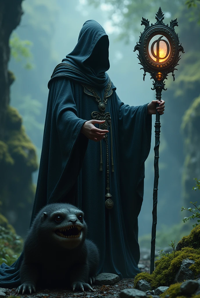 Create a sinister looking wizard in the style of witchcraft, next to him is the letter "Oh" with a very striking Lord of the Rings wizard theme and a very elaborate style, Next to it is a peculiar looking saber fang tooth ,Intimidating but at the same time fascinating, the background is a fantastic place. The text is perfectly visible "OhMEY" In the image. Art Style , luxury premiere finished , 8 k plus , Reality Max. all very well detailed