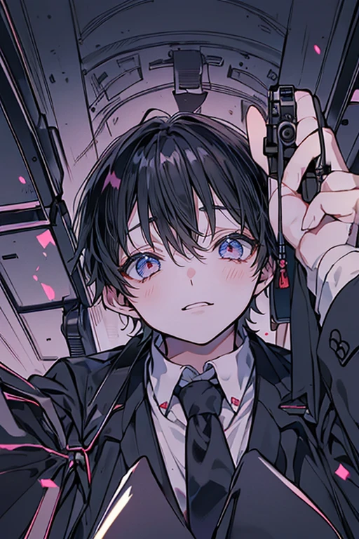 (Mastepiece)、(Best Quality)、Very detailed、((One man:1.4))、((Shooting from below:1.5))、Perfect Face、Beautiful Face、Very detailedな顔、(Black Hair:1.3)、Black suit、((Loosen your tie:1.5))