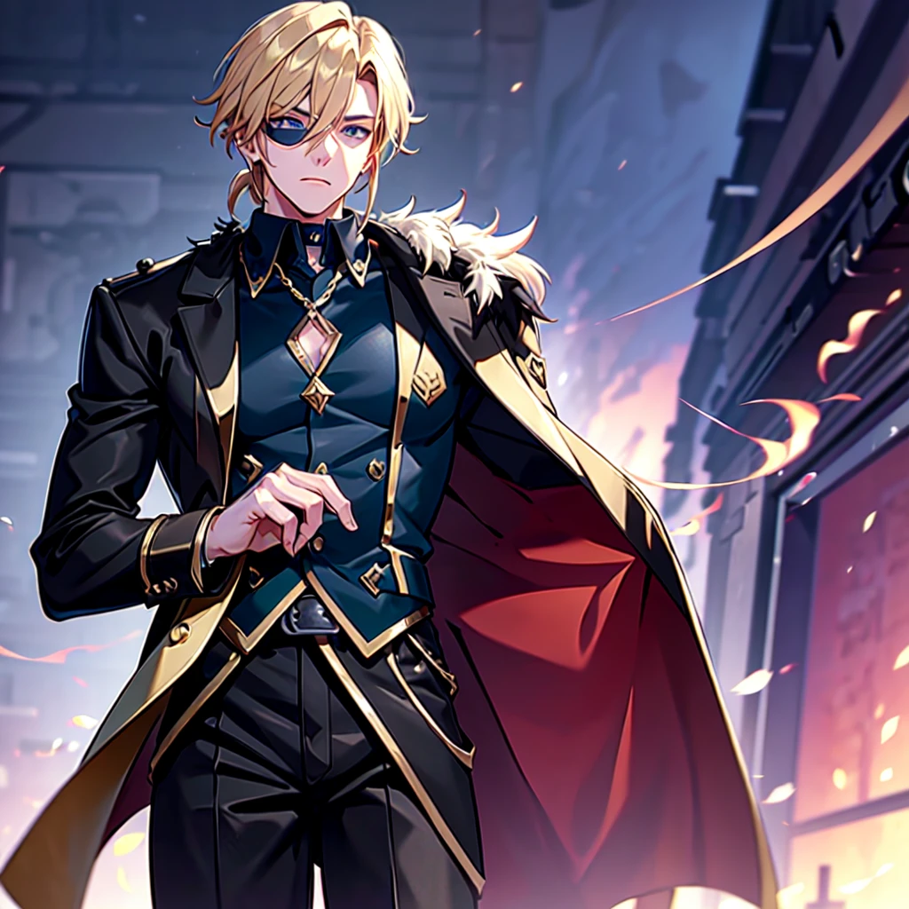 Anime attractive man, 20 year old, blonde hair, very very short ponytail, tall, muscular, solo, one person, dark blue gold-accented high-collared dress shirt with rolled up sleeves, black choker, dark blazer with gold lining and buttons unbuttoned with rolled up sleeves, long dark overcoat with a fur trim, rolled up sleeves, rolled up sleeves, rolled up sleeves, rolled up sleeves muscular, masculine face.