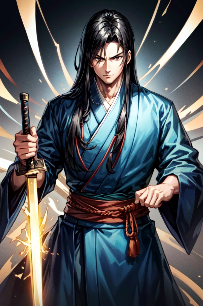 Young Man, Cool Swordsman, wearing light blue kimono, long Hair, black hair, black Eyes, Intimidating Appearance, A sharp sword on his back, full body, anime, cinematic lighting, cowboy shot, UHD, retina, masterpiece, accurate, anatomically correct, textured skin, super detail, high details, high quality, award winning, best quality, highres, 8k