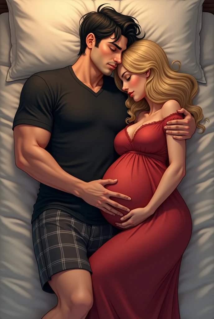Husband and wife sleep together on a soft mattress, the husband wears a black shirt and plaid shorts. the wife wears a red nightgown. lying in bed. blonder woman, Linda, breasts big, honey-colored eyes. pregnant. man strong, face, linfo, brawny. Bblack hair, greeneyes. 
