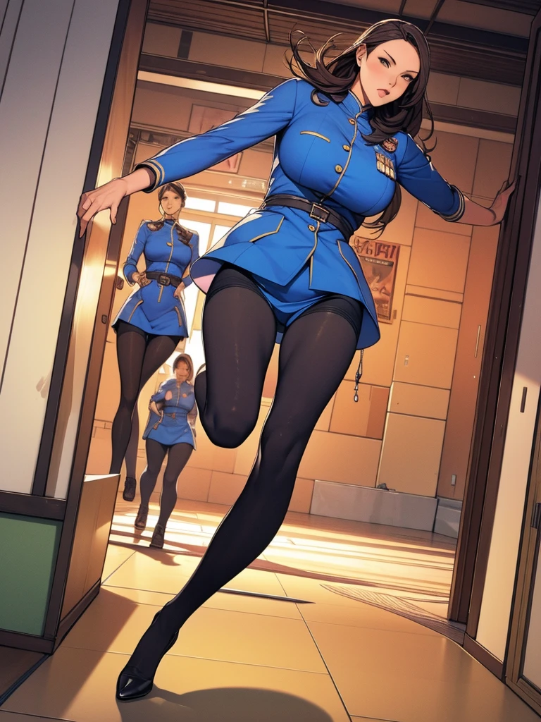 Full body picture：(masterpiece:1.2, best quality),(Very detailed),8K,wallpaper，1 female,Full body picture，Wearing pantyhose，Female Soldiers，military uniform，深绿色military uniform，织物纹理military uniform，Tall figure，Long legs，muscular，Dynamic poses, Running along the warehouse wall, Shootout, Bold Attack, anger