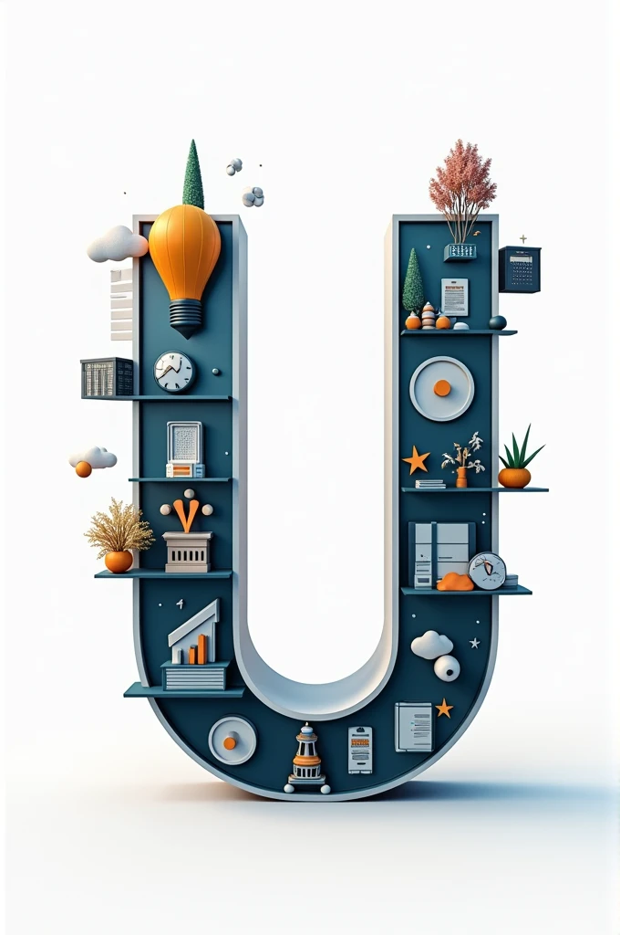 You're describing a unique visual concept where a bold letter "U" is divided into two sections. One section is filled with images related to business activities, while the other is filled with images related to hotel management.