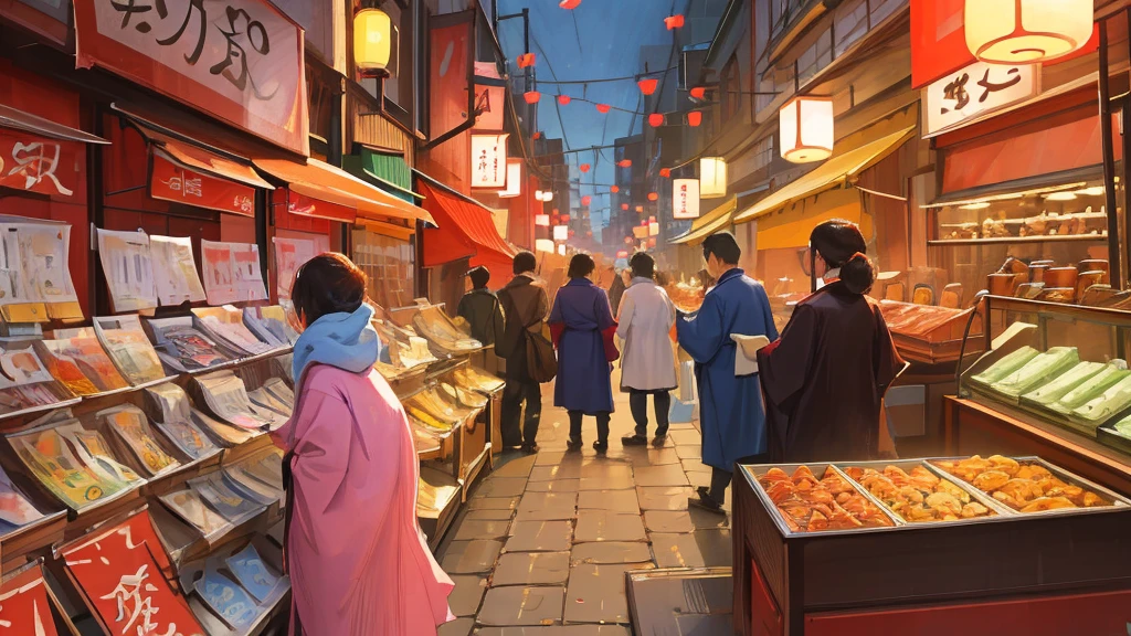 A bustling Japanese street, full of traditional shops and vibrant signs. The street is crowded with a variety of intricate objects and details., creating a rich and immersive environment. The atmosphere is dreamlike, with pastel colored clouds floating in the sky. Koi fish swim gracefully through the air, Birds flutter and cats roam the scene. People wear traditional Japanese clothing, like kimonos and yukatas, which adds a touch of cultural authenticity. The whole scene is bathed in soft pastel tones, enhancing its surreal and charming quality.
