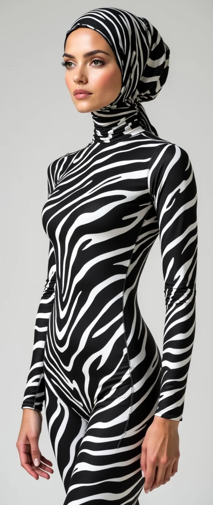 plains zebra lycra turtleneck unitard catsuit and plains zebra lycra hijab for sale forthe most Beautiful Asian Muslimah women