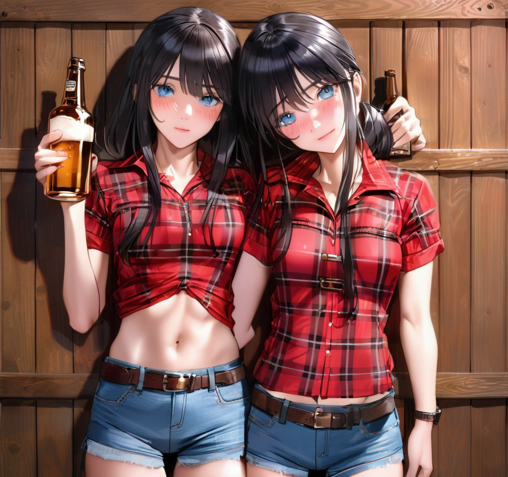 Woman with long black hair, blue eyes, An athletic body, Red plaid tight short sleeve cowgirl shirt, watch, Navel exposed, Denim hot pants, Brown belt with square buckle, Stand up straight, (Drunk:1.7),Beer bottles in front of a wooden wall,Front view,Full Body Shot,16K, Highest quality, masterpiece, Realistic, Ultra detailed face