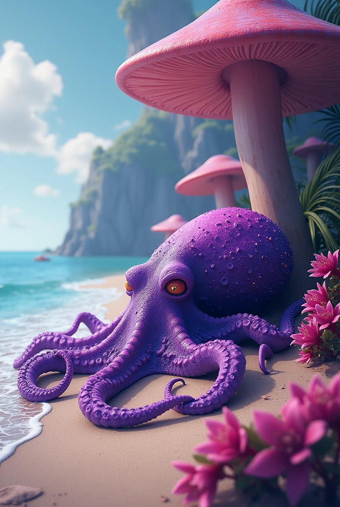 purple radioactive psychedelic octopus from a hallucination lying sleeping on the edge of the sea water paradise beach full of hallucinogenic mushrooms on a calm day colored with sun