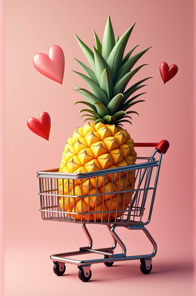 An upside down pineapple inside a shopping cart with hearts around it