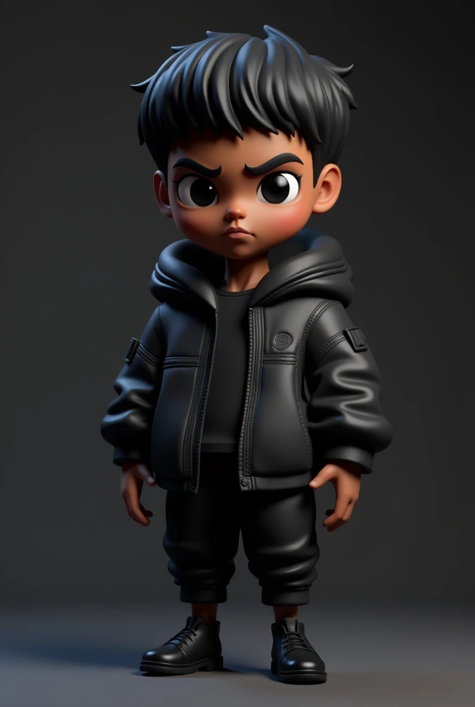 guchen,1 chico,hood,jacket,short hair,black hair,Black pants,black shoes,long sleeves,standing,Dark skin,jacket negra,black eyes,straight hair,long sleeves abullonadas,Black background,chibi,3D,