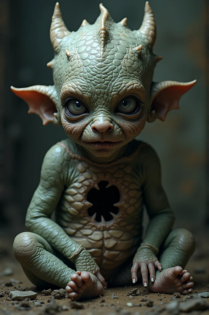 A baby with twisted-looking dragon scales and malformations, no eye lobes, a hole in the middle of the chest where its heart should be.
in the style of the house of the dragon