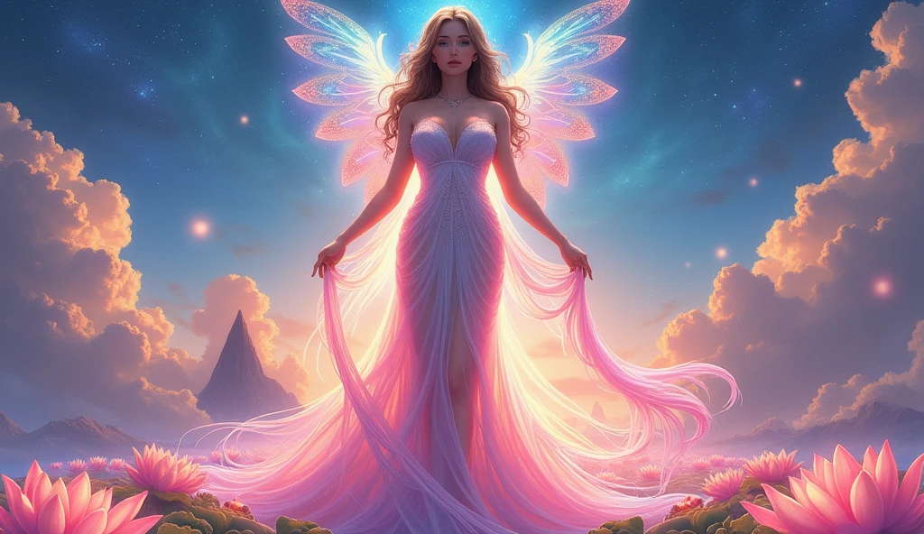 women, by the wide, sunlight, giant breasts, iridescent dress, bright stars, A digital illustration, bright lotus, Fractional peaks, chromatic aberration, flowering And (bright, holofoil:0.6), a beautiful fantasy empress, guweiz, ruan jia and artgerm, beautiful fantasy maiden, japanese goddess, I was empty inside and I wasn't even wearing a bra.., When she moved her body, Her two fat white breasts swayed from left to right, Under the friction with your clothes., Her two lotus seed sized nipples really stood up, making his clothes stick out at two points,