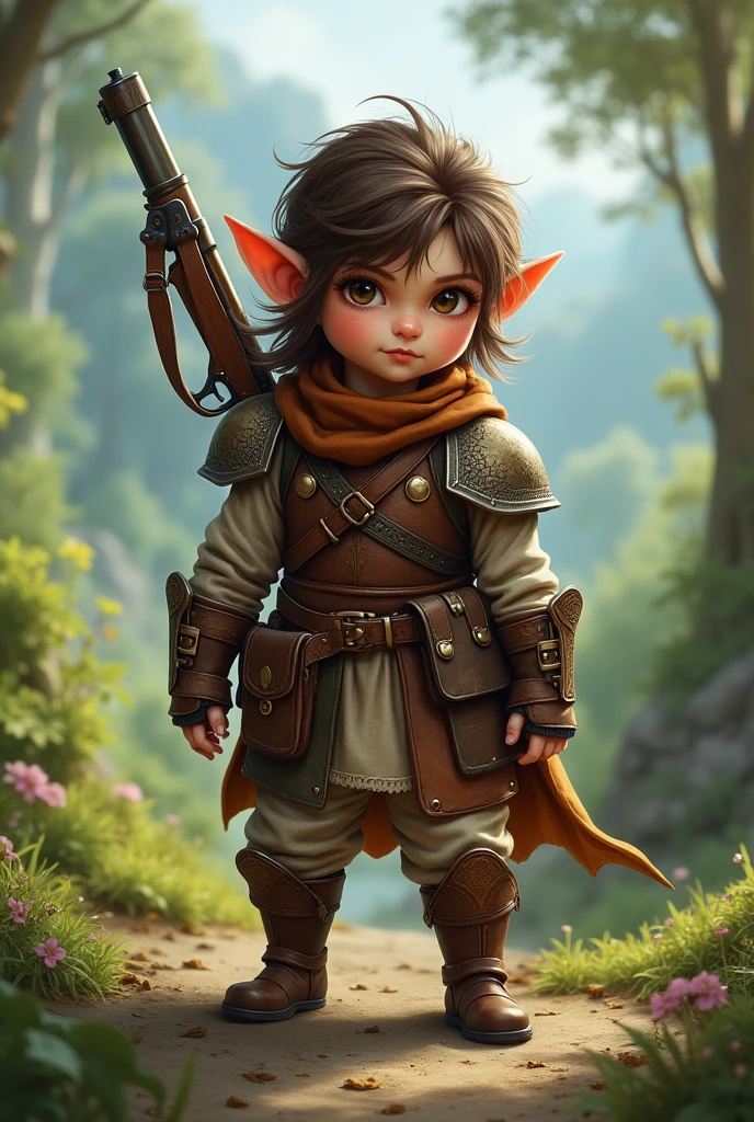Female halfling character with a snipe weapon on her back RPG 