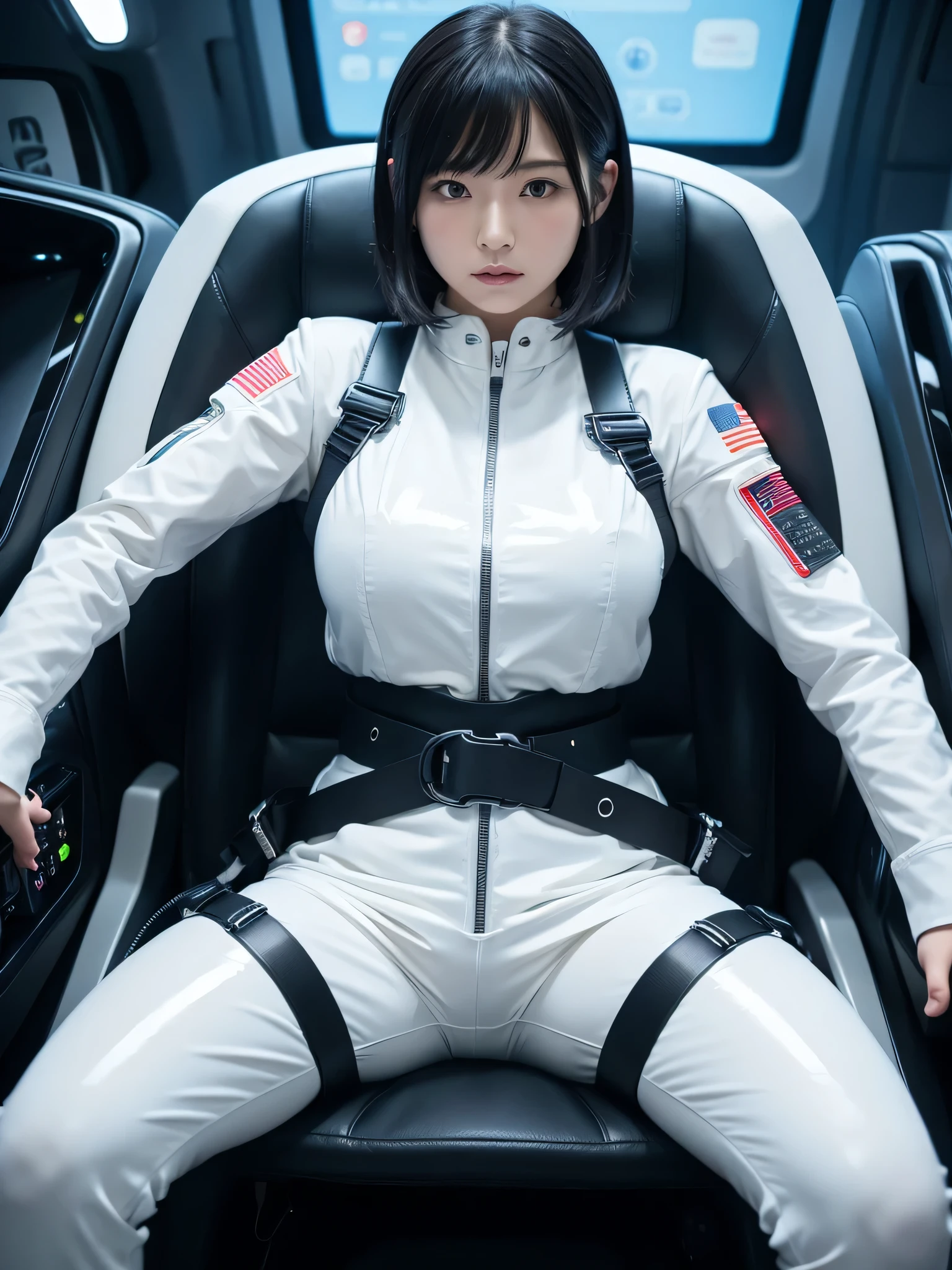 Japanese female android,Black Hair,Space capsule,The person is completely secured in the seat with the backrest reclined by a thick harness belt.,Plump,Spread your legs,Squat,Shiny white robot suit,Surrounded by switches and monitors,