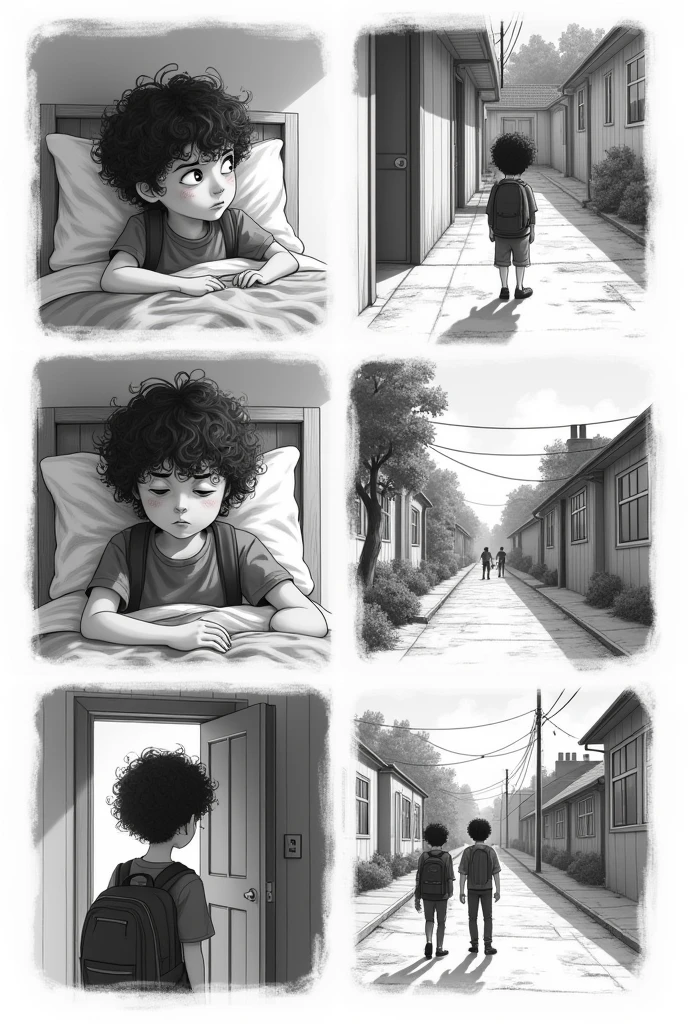 make a comic strip with 6 panels, In the first cartoon, a dark-haired boy with curly hair gets out of bed early in the morning with a very dejected expression., In the second cartoon this boy is getting ready to go to school, still very discouraged., he puts on his sweatshirt and grabs his backpack, in the third one this boy is at school talking to some friends, who are telling funny things and so the boy shows a small smile and laughs a few times, In the fourth frame he appears sad again because it is time for him to return home. He is in front of his school watching his friends going home., In the fifth frame he stands in front of his house, sad and thoughtful., In the sixth cartoon the boy decides that he will walk a little more through the streets and later he will go to his house. Do it in a style similar to hand-drawn but with many details of the environments mentioned in shades of gray..
