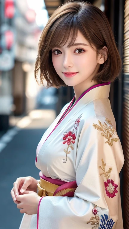 (8k, RAW Photos, Highest quality:1.2), (reality, reality:1.4), (Extremely detailed 8k wallpaper)、Sharp focus, Cinema Lighting, Beautiful Eyes in Every Detail, Asymmetrical bangs, Glowing Skin, Highly detailed skin ,High resolution, Attention to detail, Detailed hairstyle, Detailed beauty face, Hyper Real, Perfect limbs, Perfect Anatomy ,1 Japanese girl,Famous idols of Japan, Perfect female body,smile,short eyelashes,double eyelid、Look straight here,Stand up straight and face me, whole body ,,look straight at me,Streets of Europe、Tabletop、wallpaper、reality、Bright lighting、Professional Lighting、Face Light Smooth Lighting、Japanese women、Adult、Beautiful woman、action、gravure、sexly、so beautiful、Beautiful Skin、Beautiful and detailed、Detailed face、slim、moderately、((short hair))、((Brunette Hair))、Brown eyes、Looking into the camera、Small Bust、Pretty face,, smile, Blurred Background, 超High resolution, Backlight, Top-down angle,whole body、Accurate 5 fingers, software , Bony body, Japanese women, one person, Perfect body, 超Detailed face, Detailed lips, Beautiful Eyes, double eyelid, Light brown hair, Asymmetrical hair, Asymmetrical bangs, Messy Hair,(A luxurious white kimono in vibrant colors:1.3), (Gorgeous embroidered kimono:1.3)