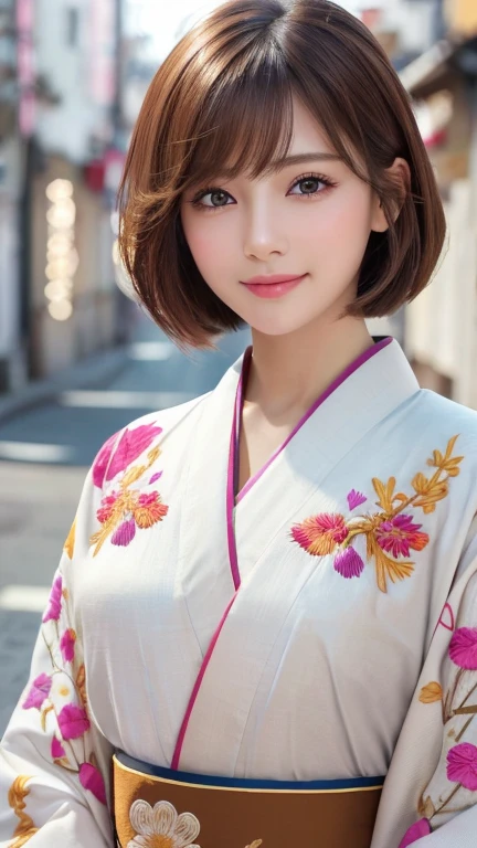 (8k, RAW Photos, Highest quality:1.2), (reality, reality:1.4), (Extremely detailed 8k wallpaper)、Sharp focus, Cinema Lighting, Beautiful Eyes in Every Detail, Asymmetrical bangs, Glowing Skin, Highly detailed skin ,High resolution, Attention to detail, Detailed hairstyle, Detailed beauty face, Hyper Real, Perfect limbs, Perfect Anatomy ,1 Japanese girl,Famous idols of Japan, Perfect female body,smile,short eyelashes,double eyelid、Look straight here,Stand up straight and face me, whole body ,,look straight at me,Streets of Europe、Tabletop、wallpaper、reality、Bright lighting、Professional Lighting、Face Light Smooth Lighting、Japanese women、Adult、Beautiful woman、action、gravure、sexly、so beautiful、Beautiful Skin、Beautiful and detailed、Detailed face、slim、moderately、((short hair))、((Brunette Hair))、Brown eyes、Looking into the camera、Small Bust、Pretty face,, smile, Blurred Background, 超High resolution, Backlight, Top-down angle,whole body、Accurate 5 fingers, software , Bony body, Japanese women, one person, Perfect body, 超Detailed face, Detailed lips, Beautiful Eyes, double eyelid, Light brown hair, Asymmetrical hair, Asymmetrical bangs, Messy Hair,(A luxurious white kimono in vibrant colors:1.3), (Gorgeous embroidered kimono:1.3)
