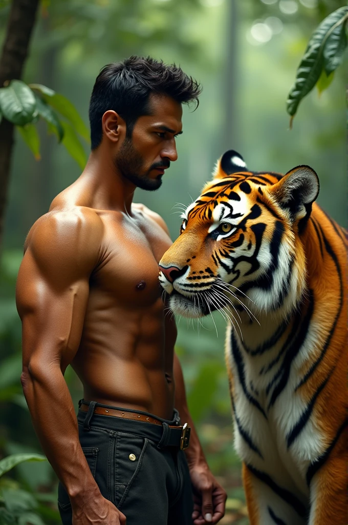 Tiger Shroff, upper body free, with a Bengal tiger, im Jungle,  Tiger walk