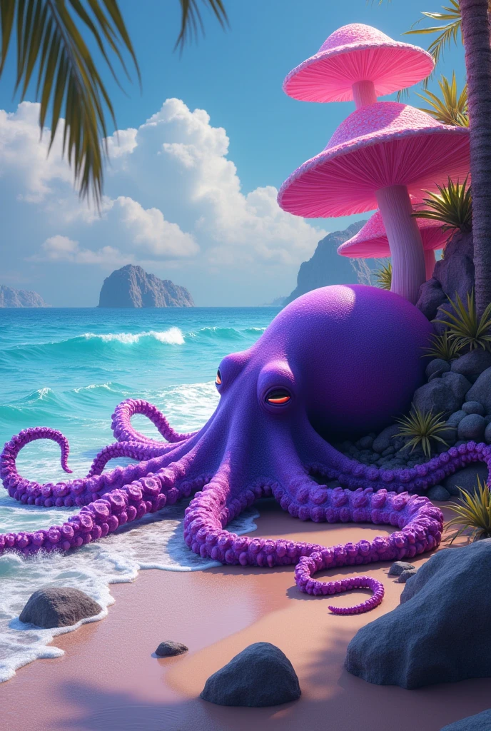 purple radioactive psychedelic octopus from a hallucination on the surface of the magical sea near the coast paradise beach full of hallucinogenic mushrooms on a calm colorful sunny day