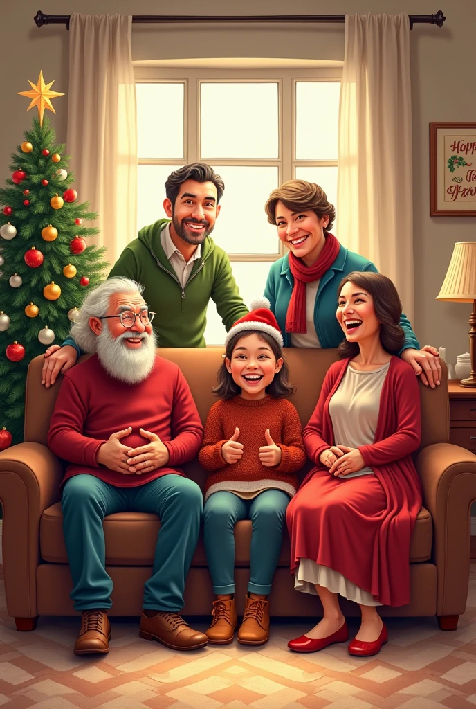 A group of happy people are sitting on a sofa with their eldest daughter, behind them their eldest son and his wife, and their young daughter and her husband, and in front of them their grandchildren, a boy and a girl, are playing, and everyone is dressed in Christmas clothes, and there is a Christmas tree with a sign that says Happy New Year  ,The picture is drawn as a caricature, using vector and colored linear drawings with high details. 