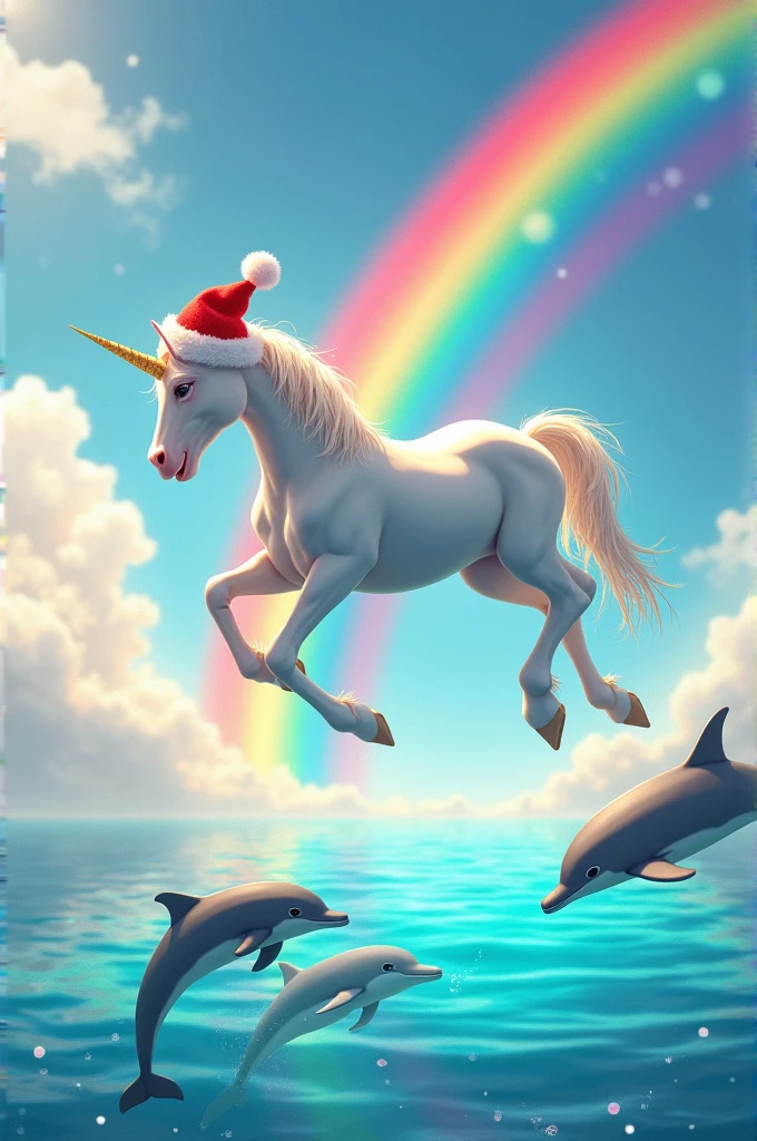 The sky with a rainbow with a colorful Unicorn with a Christmas hat above the sea along with 2 dolphins