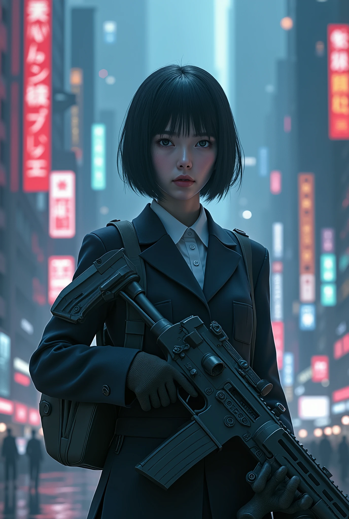 Depressed girl、Japanese、Black Hair、Bobcut、Holding Gundam's beam rifle、Holds Gundam's shield、Future City、Real、Finish like a photo