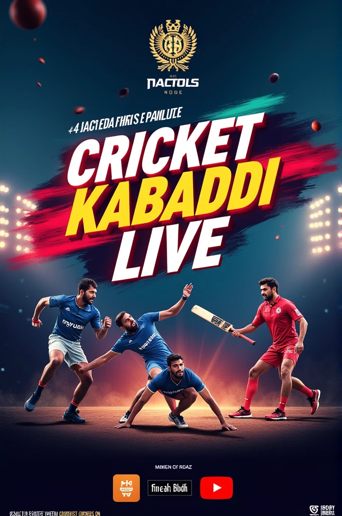 Create a promotional poster for a YouTube and Facebook live broadcast by a channel named ' in Box Sports22 The event is titled Cricket & kabaddi Live The design should be dynamic and focused on cricket&kabaddi , with bold, modern fonts. Include the following details:Header: 'LIVE on YouTube and Facebook'Subheader: 'Box Sports presents: Cricket Live'Instead of a specific time, include '4K Streaming Available'A background that reflects the theme of cricket& kabaddi , using elements like a cricket bat, ball, and kabaddi players in action.Include icons for YouTube and Facebook to highlight the platforms.Add contact number '7726997115' at the bottom.Use vibrant colors like red, blue, and yellow to make the poster eye-catching and engaging."Is prompt ko use karke aap apne poster ko generate kar sakte hain. Sahab poster banae words saaf dikhayen