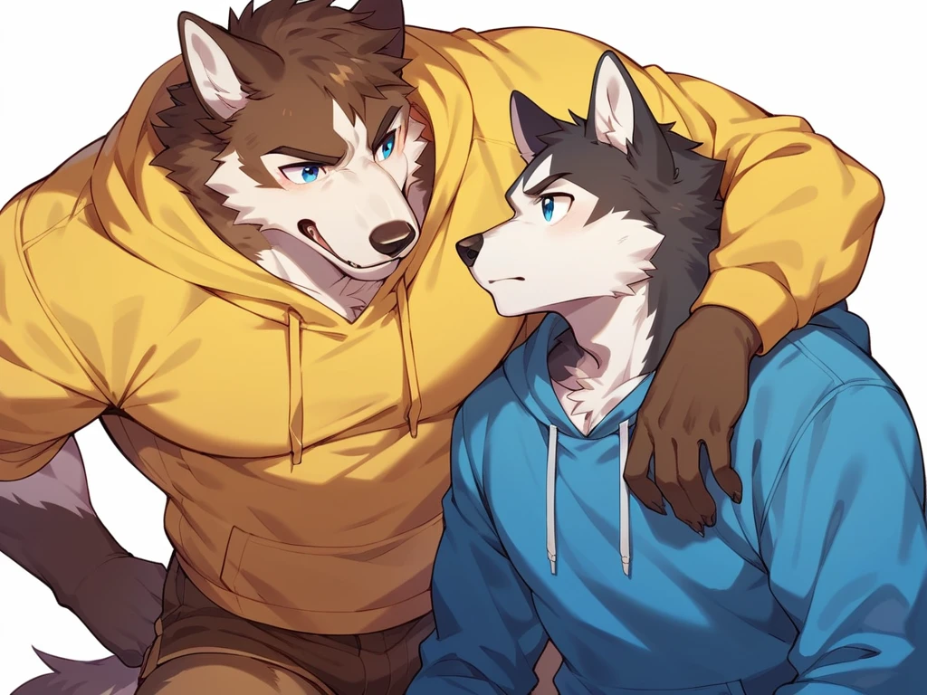 score_9, score_8_up, score_7_up, high quality, hires, anthro, male, husky, brown fur, brown ears, mostly white fur, blue eyes, yellow hoodie, brown shorts, white background,