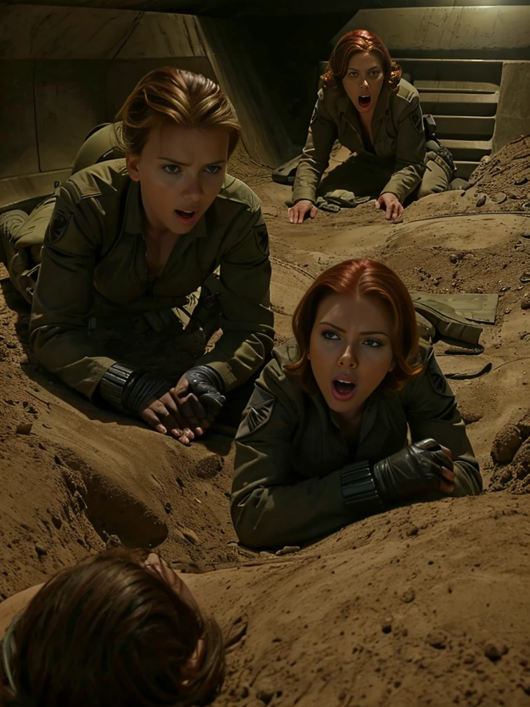 Three sexy American soldiers screaming in a bunker, scarlettjohansson-smf