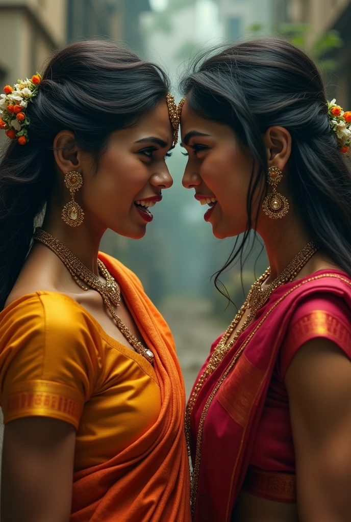 Two women in saree and matching deep u neck blouse with strings , hair loose with a single clip. Both women standing face to face staring into each other's eyes. Right hand of one woman holding the neck of other woman and right hand of other woman holding the neck of other woman. Both women with angry facial expression with full of hatred