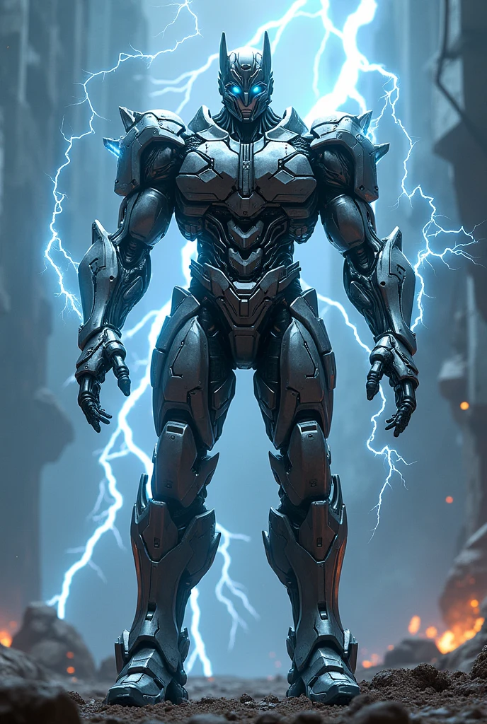 create Darksteel from transformers but make him look like flesh and blood, with armor and lightning powers