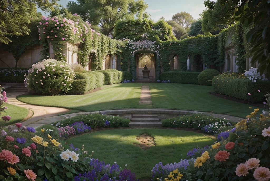 a Royal garden filled with vibrant flowers, intricate details, realistic natural lighting, cinematic composition, professional photography, 8k, photographic realism, dramatic lighting, vivid colors, ultra-detailed, high quality