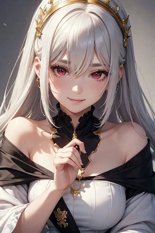 (Highest quality, masterpiece:1.2), High resolution, The highest masterpiece、Very detailed, Realistic:1.37, Fantasy, An illustration,Gray Hair、 ((Red eyes)).Queen, White Dress、beautifully、Eyeshadow Red、Thick eyebrows、Long eyelashes、pupils are black、shiny on the lips、Top Sites、Queen、Princess、A kind smile、Soft impression、people々々々々々Loved by、Slimming the face、Shoulder Bare、ponytail、Kissing Face、(Long white hair).Shaggy Bangs、(Save face image).(Training camp)、(A kind smile)、(Background white)、(Gold Necklace).