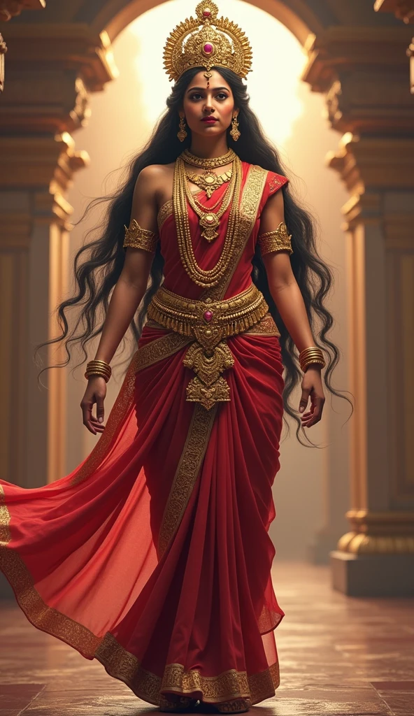 Create a full-body 4K image of Goddess Durga with , depicted from head to toe. She is adorned with traditional Indian ornaments, including a crown, necklaces, bangles, and anklets. She is wearing a beautifully draped saree in rich colors with intricate patterns. The setting should reflect her divine and powerful presence, with a soft glow around her and a background that complements her traditional attire.