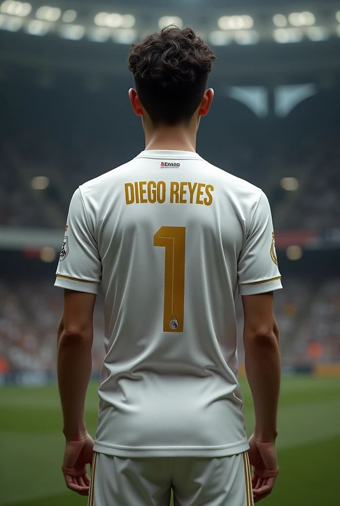 I create a young man with short curly hair on his back so that his face cannot be seen in the Real Madrid uniform and on the shirt it says Diego Reyes 